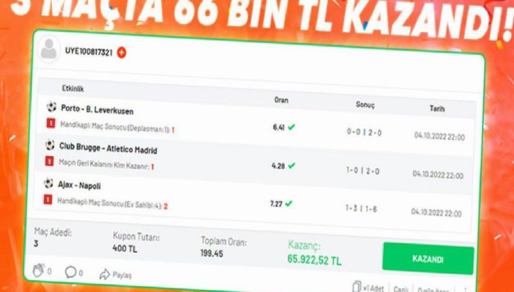 Misli.com’da Canlı iddaa kuponu yaptı, Şampiyonlar Ligi maçlarıyla 65 bin 922 TL kazandı