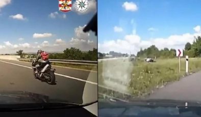 Çekya’da radara yaklanan motosiklet sürücü, polis kovalamacasında takla attı