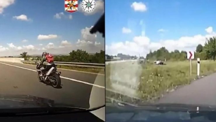 Çekya’da radara yaklanan motosiklet sürücü, polis kovalamacasında takla attı